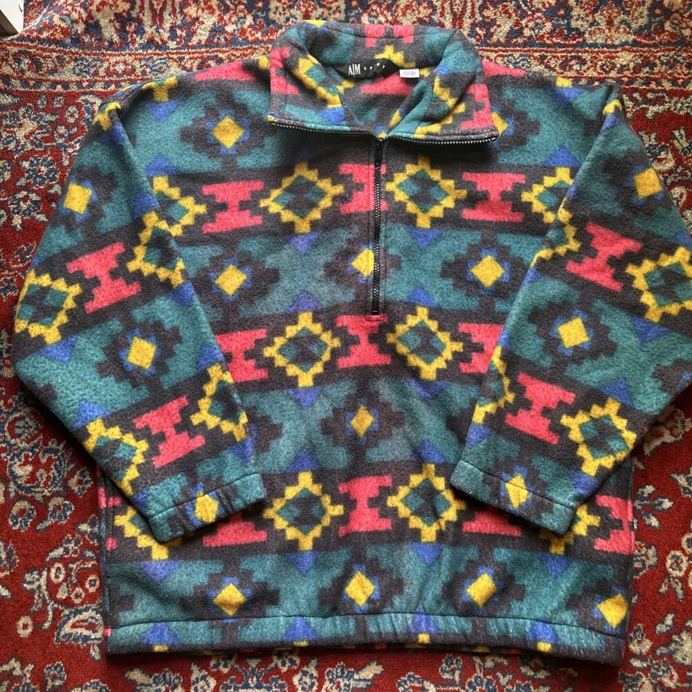 Vintage A M Sports Jacket Adult Large Aztec Fleece Zip 90s